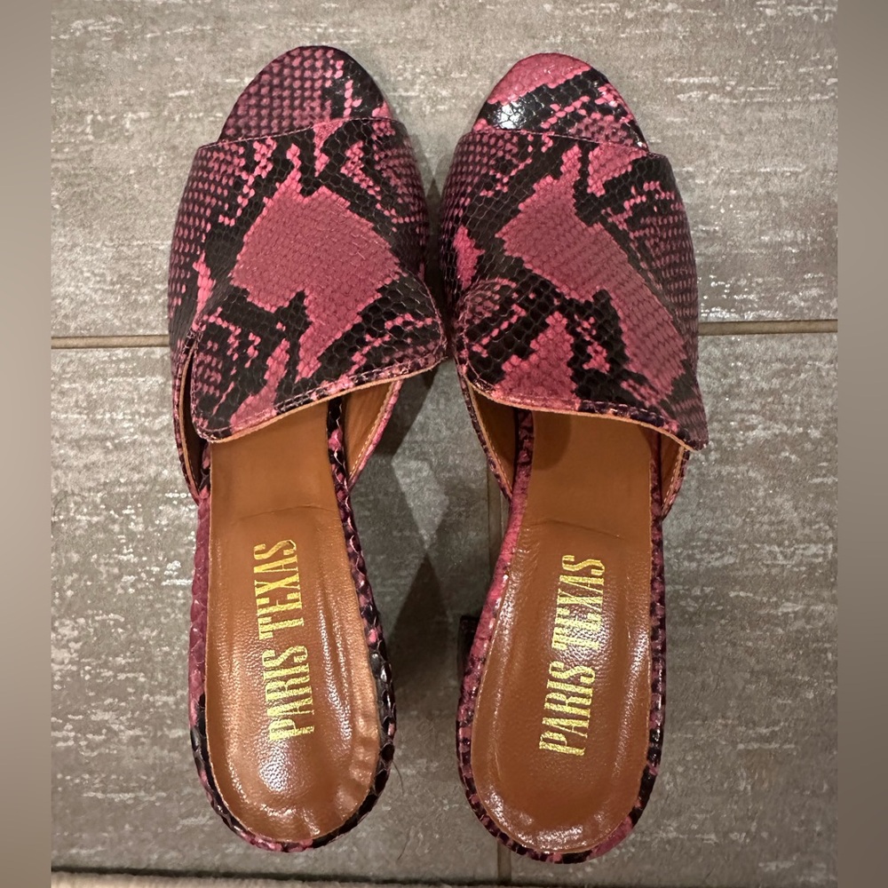Paris Texas Pink and Black Snake Print Mules